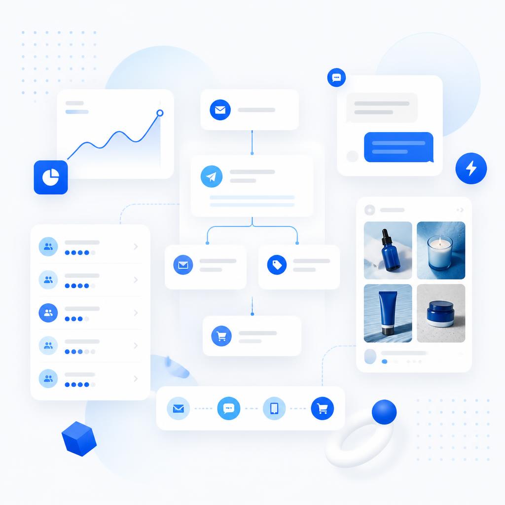 Abstract illustration of email and SMS flows driving ecommerce revenue and customer retention